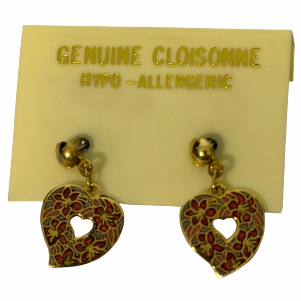 Vintage Red Cloisonne Heart Dangle Drop Earrings Womens Gold Tone Post Stud